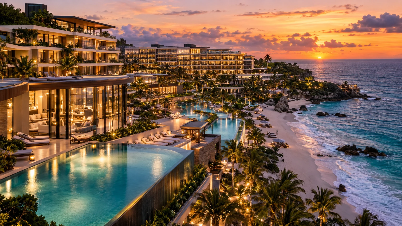 Gran resort hotelero de lujo en playa tropical con climatización inteligente y gestión de energía WattSaver