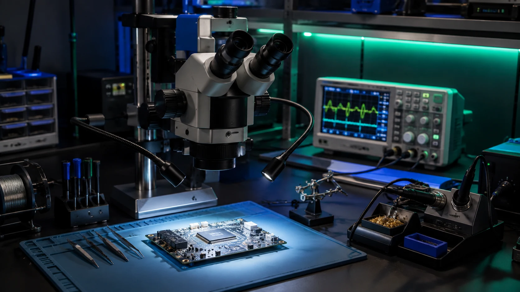 Banco de trabajo de laboratorio electrónico con microscopio trinocular estéreo, osciloscopio digital y estación de soldadura.
